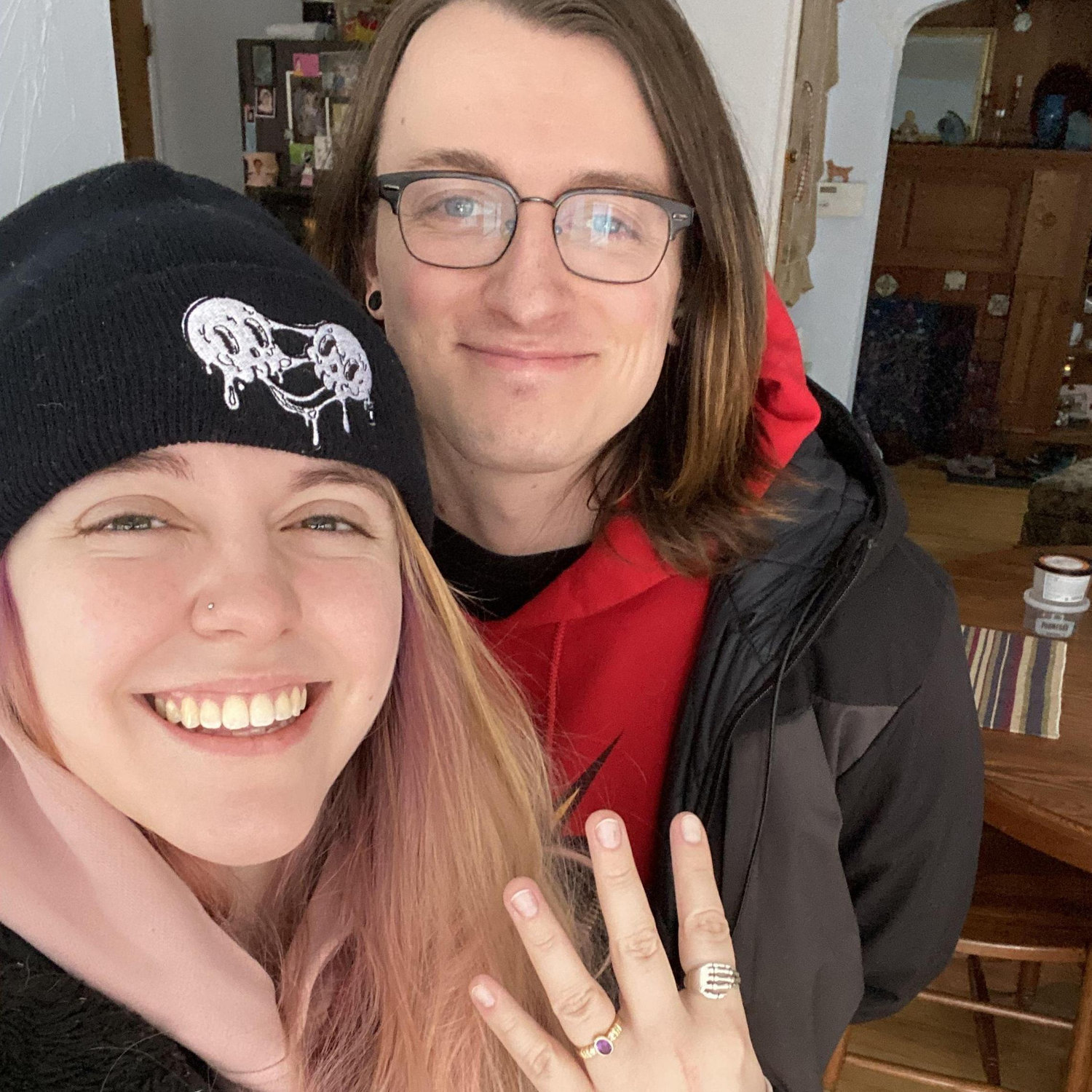 We had just gotten engaged! Jacob proposed to Mannon on her birthday at a small beach near her mom's house where she would walk her childhood dog to see the sunset.