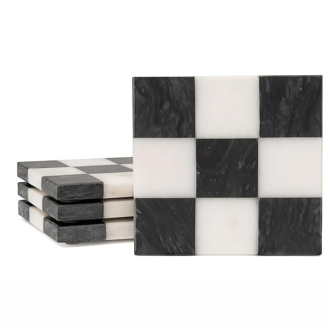 Checkered Marble Coasters – Set of 4 Aesthetic Black and White Stone Drink Coasters for Table, Kitchen Accessories, Checkered Home Decor and Modern Checkered Decor for Home