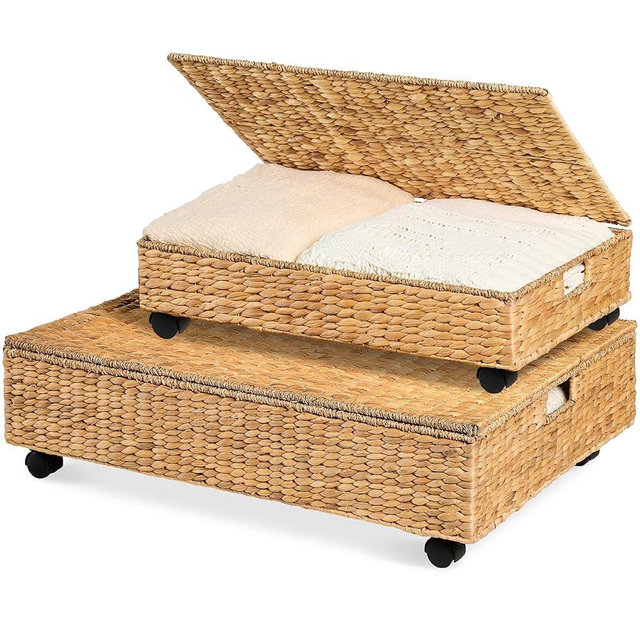 Best Choice Products Under Bed Storage Containers W/Lid, Wheels and Handles, 2-Pack Large Handwoven Water Hyacinth Closet Organizer, Shoe Storage Bins, Multi-Purpose Nesting Baskets - Natural