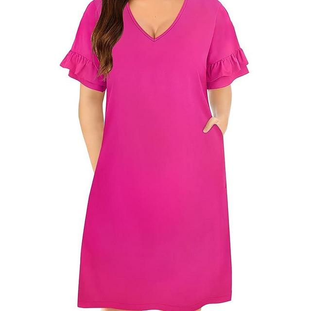 CARCOS Plus Size Dress for Women Short Sleeve Dresses V Neck Tie Waist Summer Dress Leopard/Floral/Camo T Shirt Dress XL-5XL
