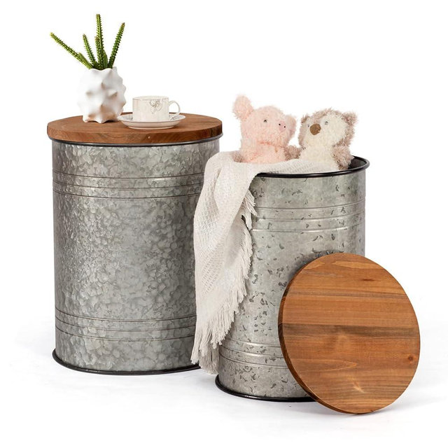 Poofzy Farmhouse End Tables Set of 2, Galvanized Metal Decor Side Table with Wood Lid, Coffee Table Storage Stool for Living Room (Grey)