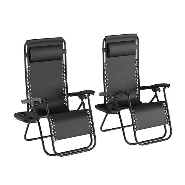 Lavish Home Black Zero Chairs-Set of 2 Folding Anti-Gravity Recliners-Side Table, Cup Holder & Pillow-for Outdoor Lounging