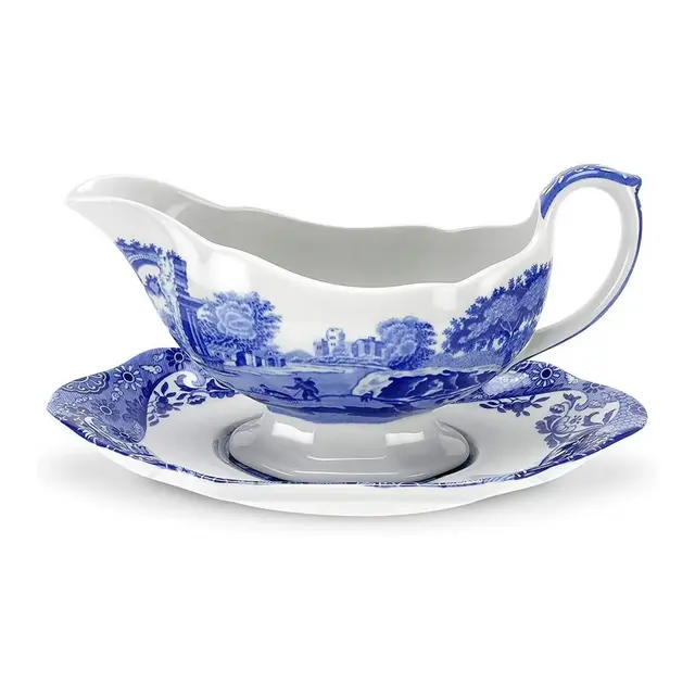 Spode Blue Italian 9 Oz Gravy Boat and Saucer, Earthenware Sauce Boat with Large Handle, Classic Countryside Design, Dishwasher & Microwave Safe