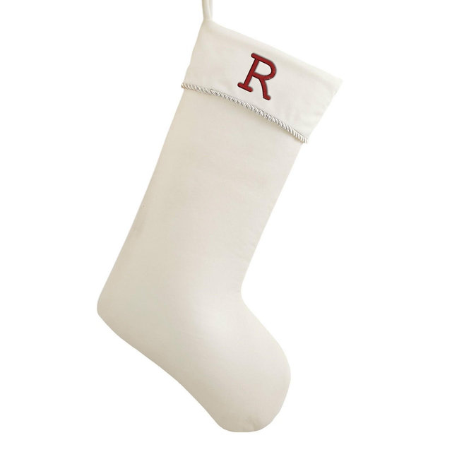 Personalization Mall Classic Christmas Embroidered Initial Ivory Stocking, R