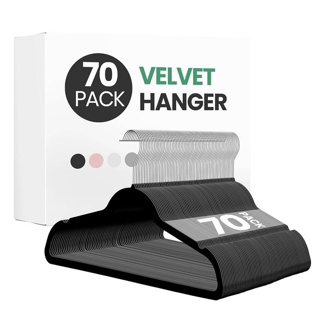 InfiniPower 70 Pack Velvet Hanger, Heavy Duty Clothes Hangers for Coat, Pants & Dress, Non-Slip Hanger Set with Shoulder Notches, 360° Swivel Hook, Space Saving Felt Hangers, Black