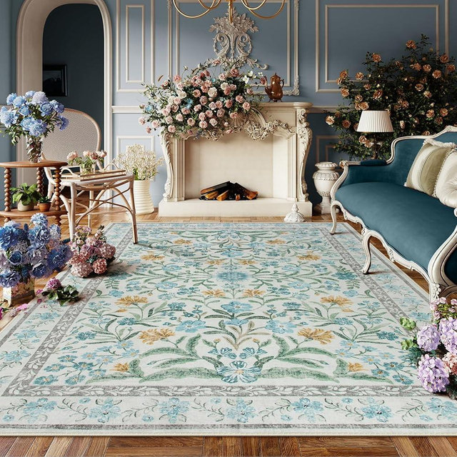 Lahome Light Blue Bedroom Rug 8x10 Under Bed, Boho Washable Rugs for Living Room Nursery, Soft Wool Vintage Low Pile Carpet for Dining Room Girls