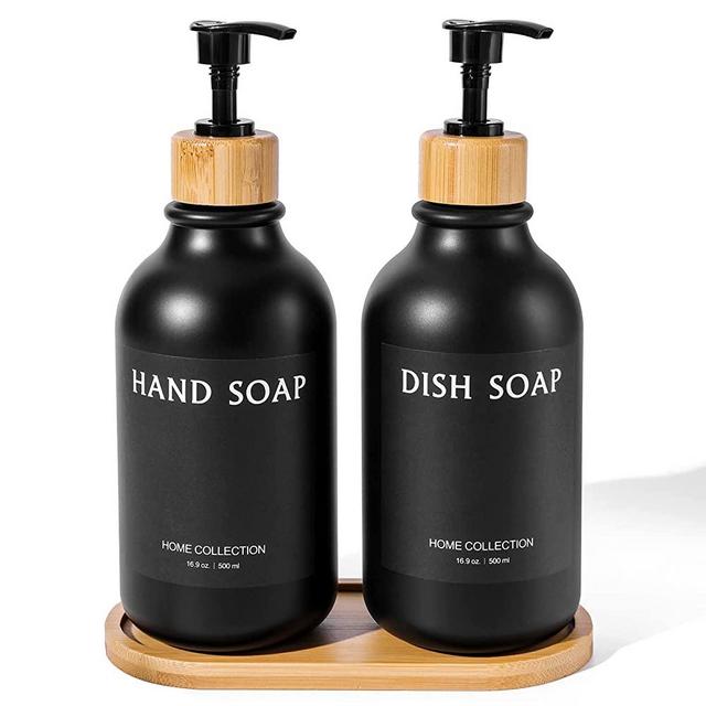 Hand and Dish Soap Dispenser Set for Kitchen Sink, 16 Oz Matte Black Liquid Pump Bottles Refillable Plastic Containers for Bathroom Farmhouse College Dorm Decor, 2 Pack…