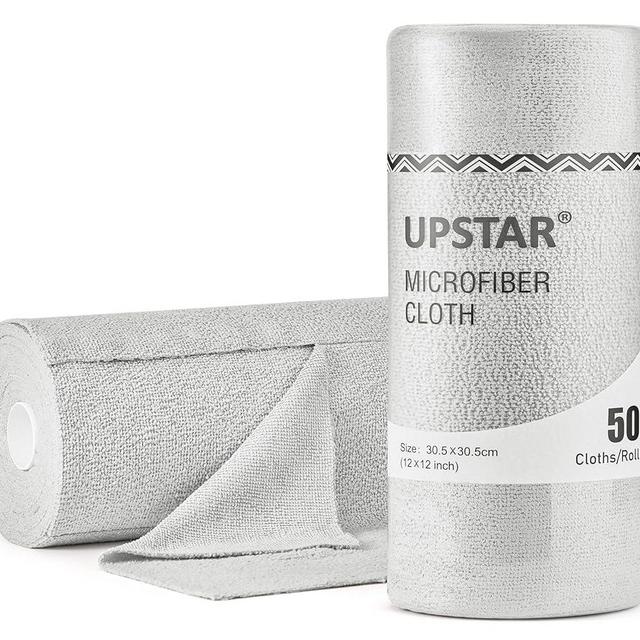 UPSTAR Microfiber Cleaning Cloth, Reusable Paper Towels Rolls, Cleaning Rags for Cleaning Kitchen, Bathroom, Car, 12x12 inch, 50 Packs/Roll, Grey