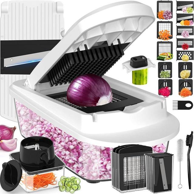 12 Blade All-in-1 Vegetable Chopper Mandoline Slicer with Container, Spiralizer with Contianers, Food Chopper, Onion Chopper, Veggie Cutter for Salad, Kitchen Gadgets Accessories Essentials, White