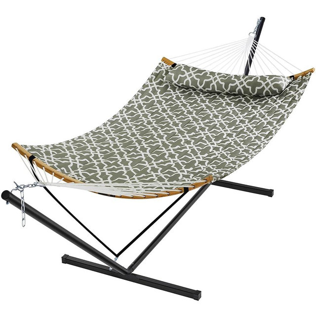 SUPERJARE Hammock with Stand, 2 Person Heavy Duty Hammock with Padded Cotton, Detachable Pillow & Strong Curved-Bar & Portable Carrying Bag, Perfect for Outdoor & Indoor, Grey with White Flower
