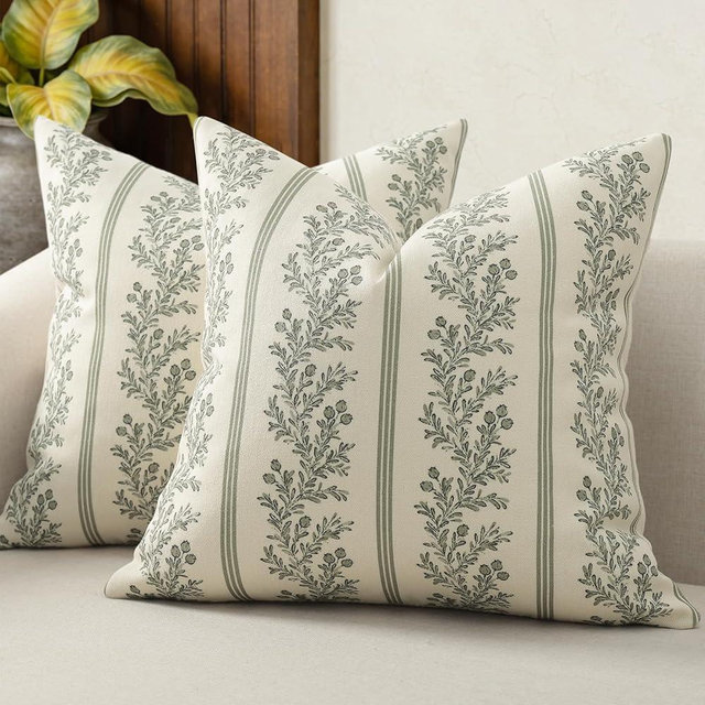 DKwizme Vintage Throw Pillow Covers 18x18 Set of 2, Striped Floral Pillow Cover Botanical Patterned Decorative Cushion Covers Modern Farmhouse Home Decor for Sofa Couch Bed Living Room, Moss Green