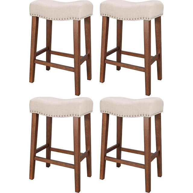 PrimeZone Counter Height Bar Stools Set of 4 - Backless Saddle Barstools with 4.3" Thick Upholstered, Nailhead Trim Linen Fabric & Solid Wood Legs, 26 Inch Counter Stools for Kitchen Island, Beige
