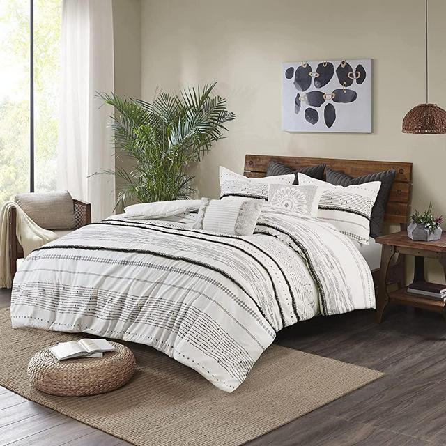 INK+IVY 100% Cotton Comforter Modern Design Mid Century All Season Down Alternative Cozy Bedding Set with Matching Shams, King/Cal King(104"x92"), NEA, Black/White Stripes Tassel Accent 3 Piece