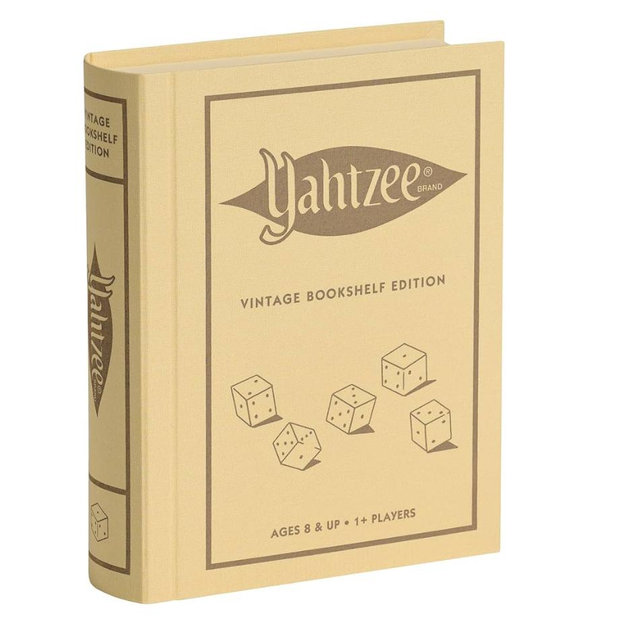 WS Game Company Yahtzee Vintage Bookshelf Edition, Luxury Dice Game in Linen-Wrapped Book Case with Slipcase, Premium Scorebook, Deluxe Rolling Tray & 1956 Graphics, Classic Dice Games, Ages 8+