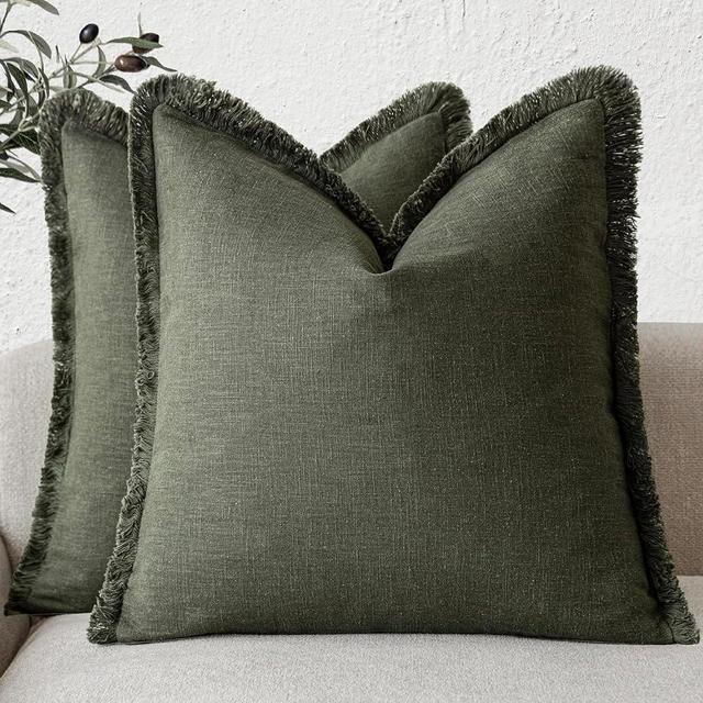 Foindtower Set of 2 Decorative Linen Fringe Throw Pillow Covers Cozy Farmhouse Cushion Cover with Tassels Accent Pillowcase for Couch Chair Sofa Bed Living Room Home Decor,22×22 Inch,Dark Olive Green