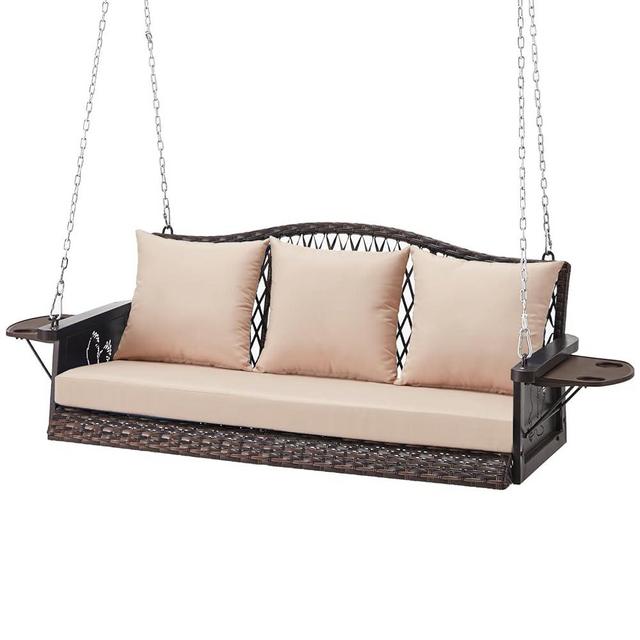 ZZW Upgraded Wicker Hanging Porch Swing Heavy Duty 900lbs 3-Seat Outdoor Patio Swing Chair Bench for Adult w/ 8.9ft Hanging Chains Cushions and Cup Holder