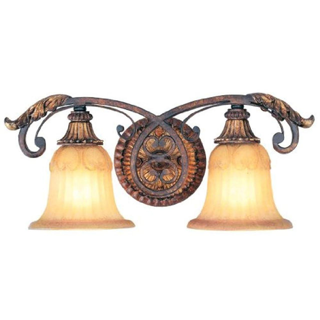 Livex Lighting 8552-63 Villa Verona 2 Light Verona Bronze Finish Vanity Bath with Aged Gold Leaf Accents and Rustic Art Glass