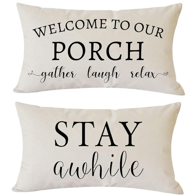 PANDICORN Welcome to Our Porch Stay Awhile Farmhouse Throw Pillow Covers 12x20 Set of 2 for Outdoor Porch Decor Lumbar Pillow Decorative Throw Pillows Cases Cushion Covers for Home Couch Decorations