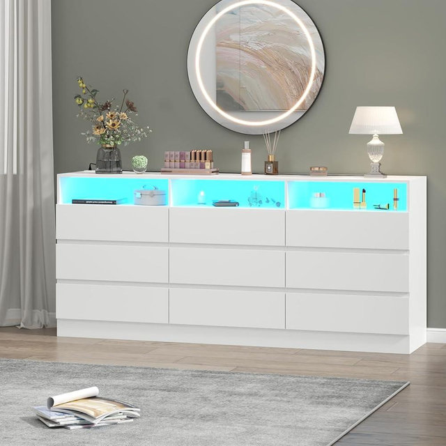 Gyfimoie 9 Drawer Double Dresser with Power Outlet, Accent Chests of Drawers with LED Light, Modern White Storage Dresser with Charging Station (Mirror Not Included) (9 Drawers-White)