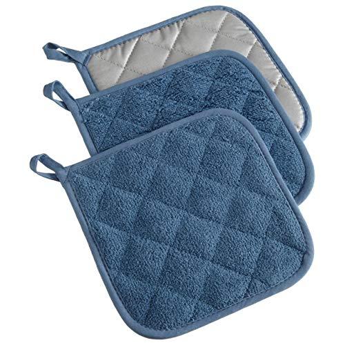 DII 100% Cotton, Terry Pot Holder Set Machine Washable, Heat Resistant, 7 x 7, Blue, 3 Piece