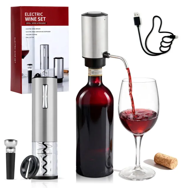 SUGIFT Electric Wine Opener Set with Automatic Corkscrew Aerator and Vacuum Stopper Stainless Steel One Touch Operation