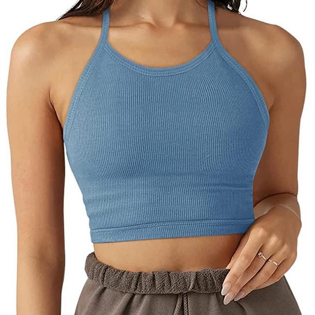 LASLULU Sports Bra for Women Crop Tops Racer Back Tank Tops Longline Workout Yoga Bra Halter Neck Cropped Casual Tops