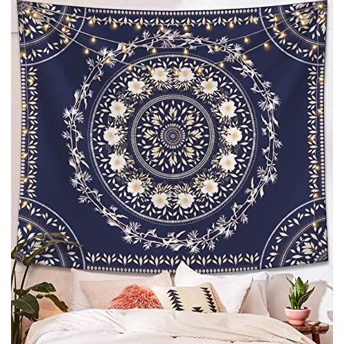 Lifeel Blue Bohemian Tapestry Wall Hanging, Mandala Floral Medallion Hippie Tapestry with White Aesthetic Wreath Design, Navy Wall Decor Blanket for Bedroom Home Dorm, Small 50×60 inches
