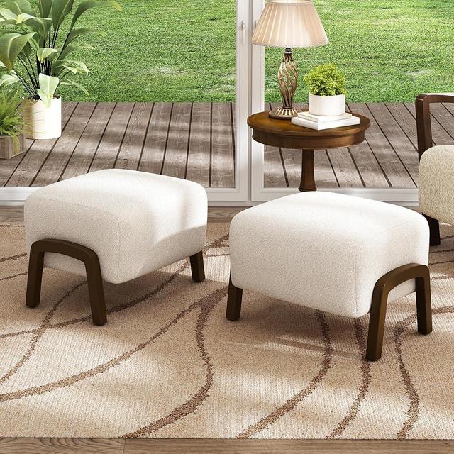 Christopher Knight Home Gypso Set of 2 Boucle Fabric Upholstered Ottoman, Wooden Small Ottoman Coffee Table, Modern Living Room Foot Stool, Extra Seat Sofa Footrest, White+Dark Brown