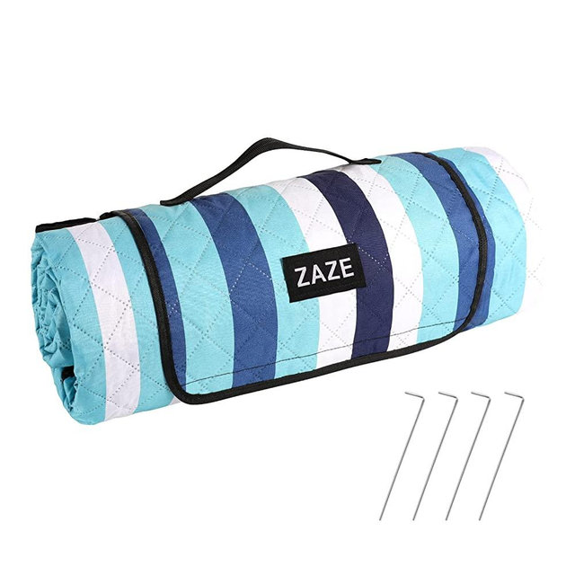 ZAZE Beach Blanket Picnic Blankets with Stakes, Thick 3-Layer 80*80 Oversized Waterproof Sandproof Compact Outdoor Mat, Big Extra Large Foldable Camping Park Vacation Travel Accessories(Blue Stripe)