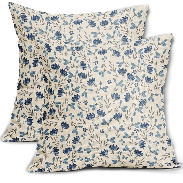 Aytipun Blue Grey Gray Floral Pillow Covers 18x18 Set of 2 Vintage Rustic Old Style Cute Small Flower Print Decorative Outdoor Pillowcases Farmhouse Throw Cushion Case Decor for Couch Sofa Bed