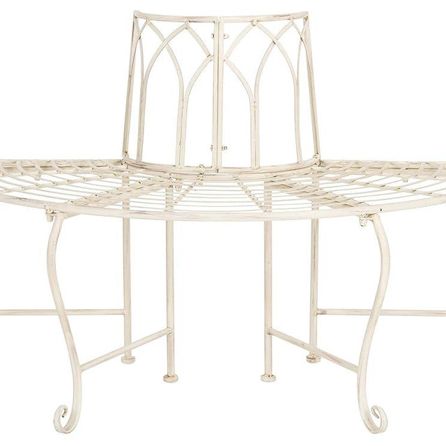 SAFAVIEH Outdoor Furniture Collection – Abia Antique White Distressed Wrought Iron 50-Inch Curved Tree Bench, Garden & Patio Seating (PAT5018A)