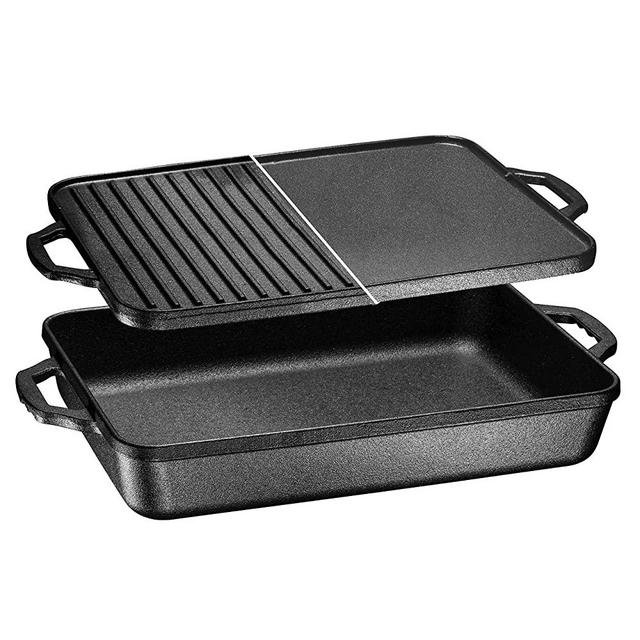 3-In-1 Pre-Seasoned Cast Iron Rectangle Pan With With Reversible Grill Griddle Lid Multi Cooker Deep Roasting Grill Pan, Non-Stick Open Fire Camping, Use As Dutch Oven, Frying Pan or Roasting pan