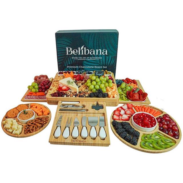 Belibana Charcuterie Board Set, Bamboo Cheese Serving Platter with 3 Ceramic Dishes, 2 Round Snack Trays, Hidden Knife Drawer & Accessories, Ideal Housewarming, Wedding Gift & Gatherings.