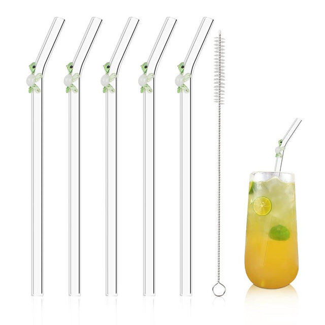Olpchee 5 Pcs Reusable Straws Clear Glass Straws Colorful Turtle Design Size 7.8" x 8mm with 1 Cleaning Brush for Smoothies, Milkshakes, Juices, Teas (Green)
