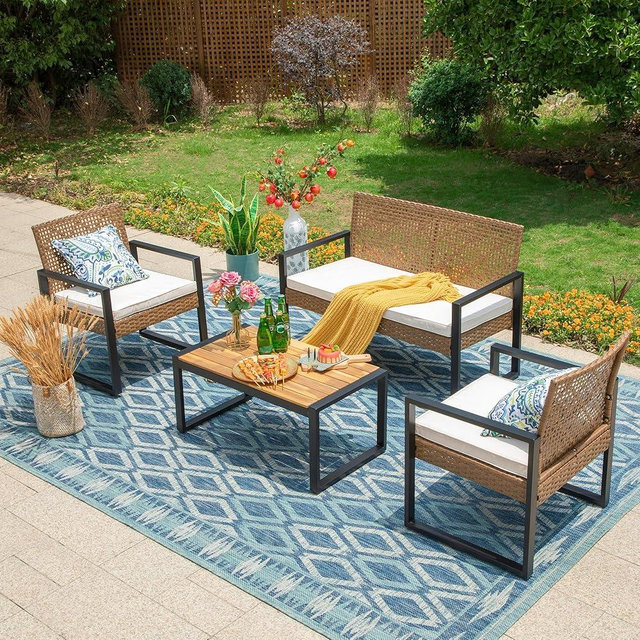 MFSTUDIO 4 Pieces Outdoor Patio Furniture Set, Outdoor Small Brown Rattan Sofa with Acacia Wood Table & Chairs, Patio Loveseat Furniture Set for 4, Beige