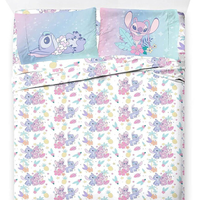 Jay Franco Disney Lilo and Stitch Full Size Sheet Set - Super Soft Kids 4 Piece Floral Bedding Set Features Angel - Microfiber Sheets Includes Reversible Pillow Covers