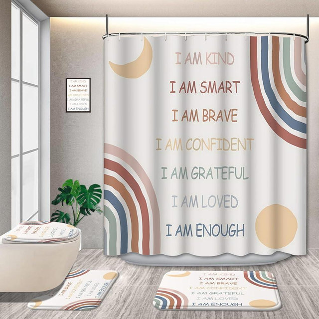 GRIEKOWE 4 Pcs Boho Rainbow Inspirational Quotes Shower Curtain Sets with Non-Slip Rugs, Abstract Motivational Positive Kids Teen Girls Pink Muted Moon Sun Fabric Polyester with 12 Hooks 72 * 72in
