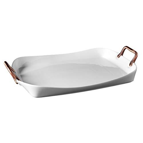 Denmark White Porcelain Chip Resistant Serveware Platter Serving Bowls with Copper Handles, Rectangular Serving Tray