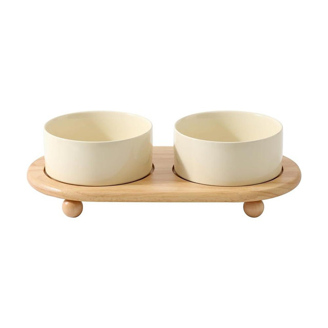 Havniva Ceramic Elevated Dog Bowls, Food and Water Bowls for Dogs, Puppy, Raised Dog Dish, Dog Feeder(6inch, 2 x Beige + Stand)