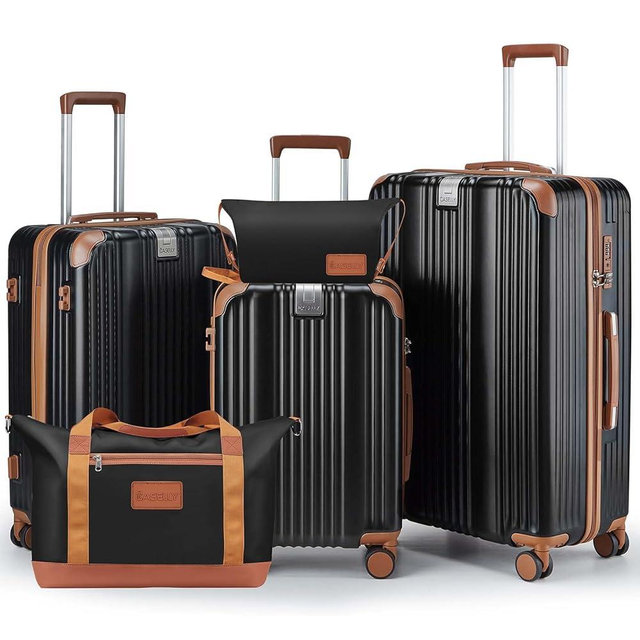 CASELLY Luggage Set 3 Piece Luggage with PC+ABS Hardshell TSA Lock Spinner Wheels Carry on Lightweight Suitcase,Cup Holder,YKK Zippers (Black, 5 piece sets(20/24/28/DB/TB))
