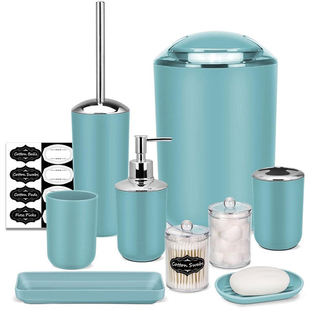 IMAVO Bathroom Accessories Set,Blue Bathroom Set,9 Pieces Bathroom Accessory Set,Tray,Qtip Holders,Toilet Brush,Trash Can for Bathroom Décor and Home Gifts