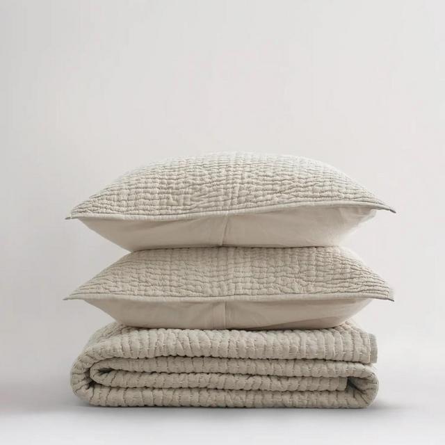 European Linen Cotton Stitch Quilt Set- Queen (Natural)