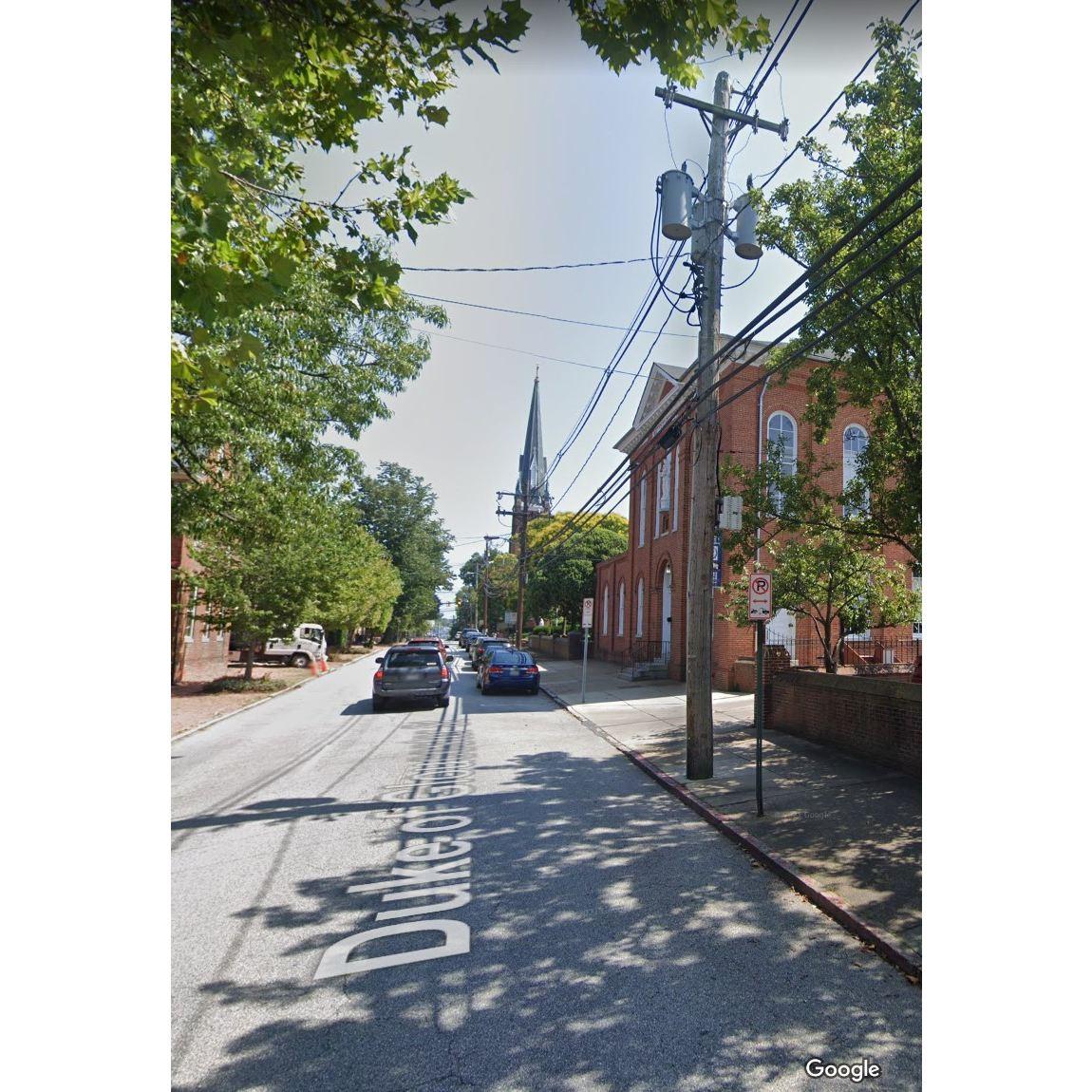 View of St. Mary's Parish - Coming down Duke of Gloucester St. Entrance to the parking lot will be on your right.