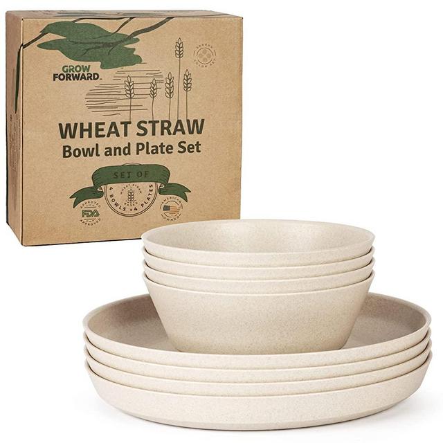 Grow Forward Premium Wheat Straw Dinnerware Sets - 8 Piece Unbreakable Microwave Safe Dishes - Reusable Wheatstraw Dinnerware Plates and Bowls Set for Cereal, Salad, Soup, Camping, RV, Dorm - Sahara