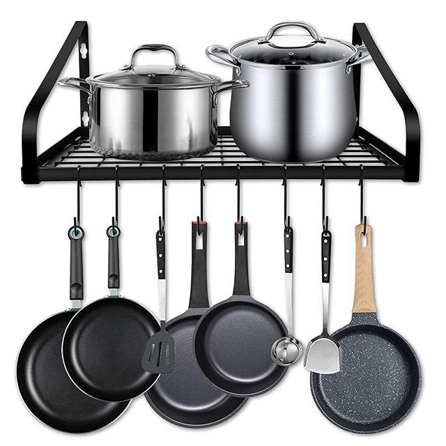 Hanging Pot Rack, LADER Wall-Mounted Pot Holders for Kitchen Counter and Cabinet, Pot and Pan Organizer with 8 Hooks, for Pans Set, Utensils, Cookware, Books, Household(Black)