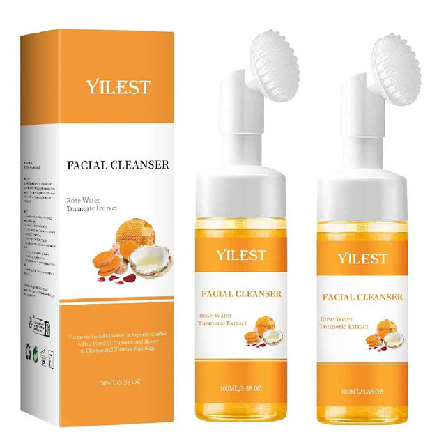 MULPG 2 Pcs Glow Wash Turmeric Face Wash With Brush,Deep Cleansing Scrub Exfoliating Turmeric Foaming Facial Cleanser Remove Excess Keratin Clean Pores (100ml)