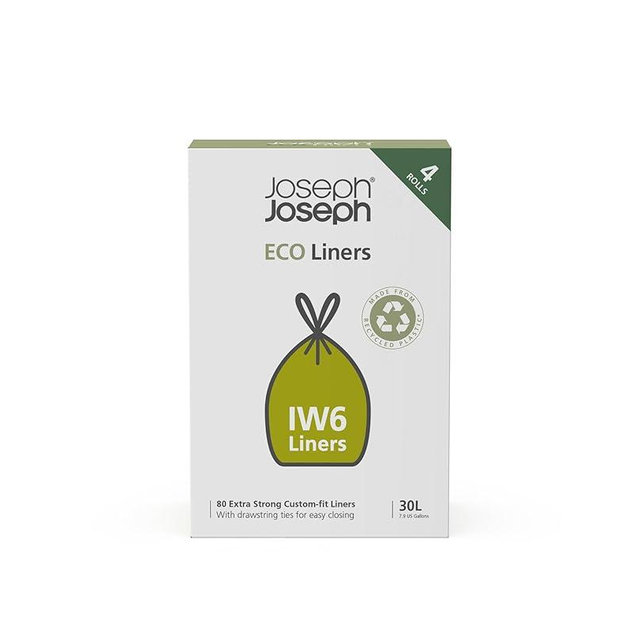 Joseph Joseph IW6 Eco Recycled plastic Bin Liners, Kitchen Trash Bags With Tie Tape Drawstring Handles, Extra Strong – (4 Packs of 20, Total 80 Liners) Holds 30 Litres/7.9 Gallons, Grey