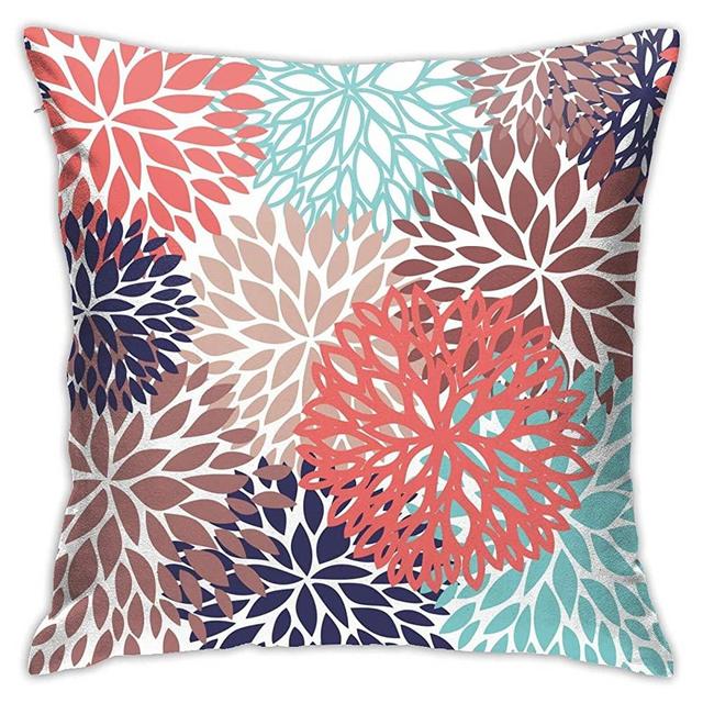 Flower Burst Petals Floral Pattern Navy Coral Mint Gray Decorative Throw Pillow Covers Square Cotton Pillowcases for Bedroom Sofa and Car 18"x18"