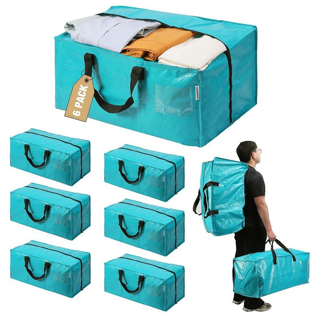WORKPRO 6 Pack Extra Large Moving Bags with Zippers & Carrying Handles Backpack Straps, Heavy-Duty Storage Tote for Space Saving & Storage, Alternative to Moving Box (Blue)