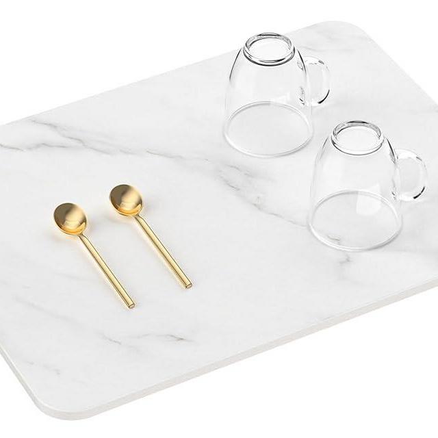 HBlife Stone Dish Drying Mat for Kitchen Counter, Dries Instantly, Ultra Absorbent Dish Drying Rack Mat, Heat Resistant Drying Kitchen Mat for Hot Pans, Baby Bottles (16x12inches,White Marble)